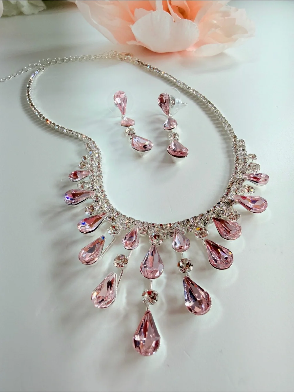 Pink Teardrop Crystal Necklace and Earring Set